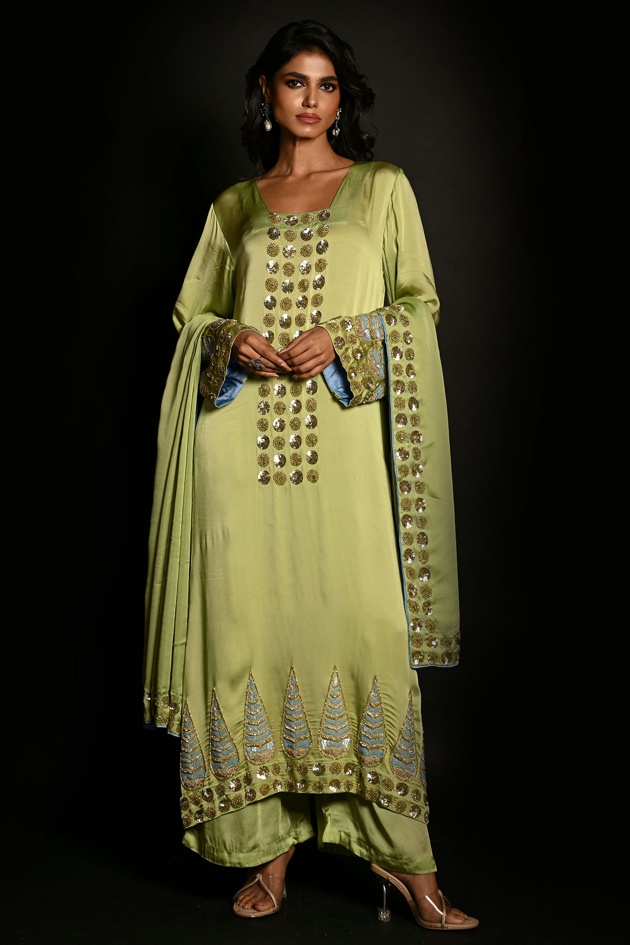 Green Satin Georgette Sequins Hand Embroidered Kurta Set by Isadaa by Rotna Dutt at Pernia's Pop Up Shop