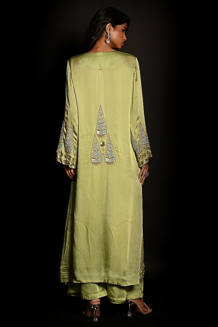 Green Satin Georgette Sequins Hand Embroidered Kurta Set by Isadaa by Rotna Dutt at Pernia's Pop Up Shop
