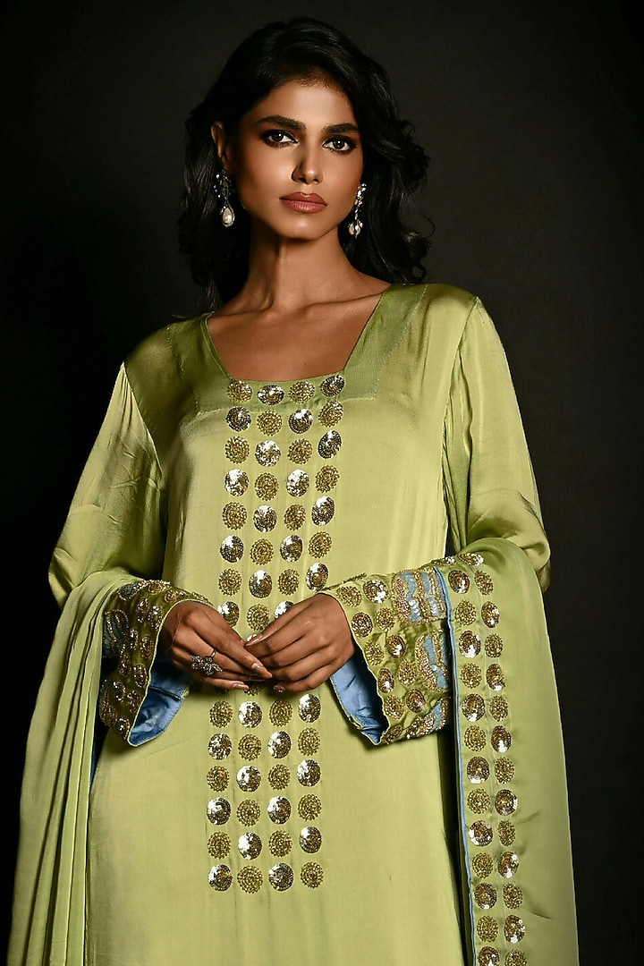 Green Satin Georgette Sequins Hand Embroidered Kurta Set by Isadaa by Rotna Dutt at Pernia's Pop Up Shop