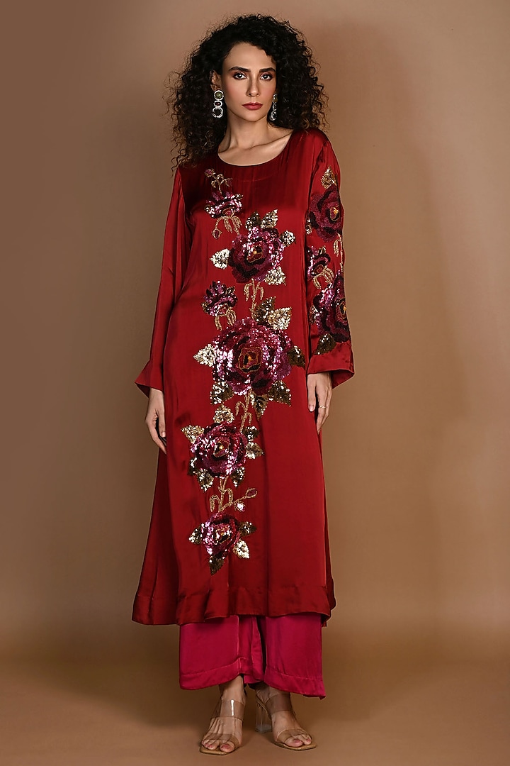 Red Satin Georgette Sequins Hand Embroidered Kurta Set by Isadaa by Rotna Dutt at Pernia's Pop Up Shop