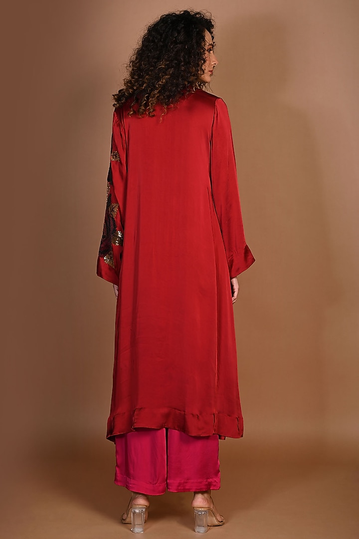Red Satin Georgette Sequins Hand Embroidered Kurta Set by Isadaa by Rotna Dutt at Pernia's Pop Up Shop