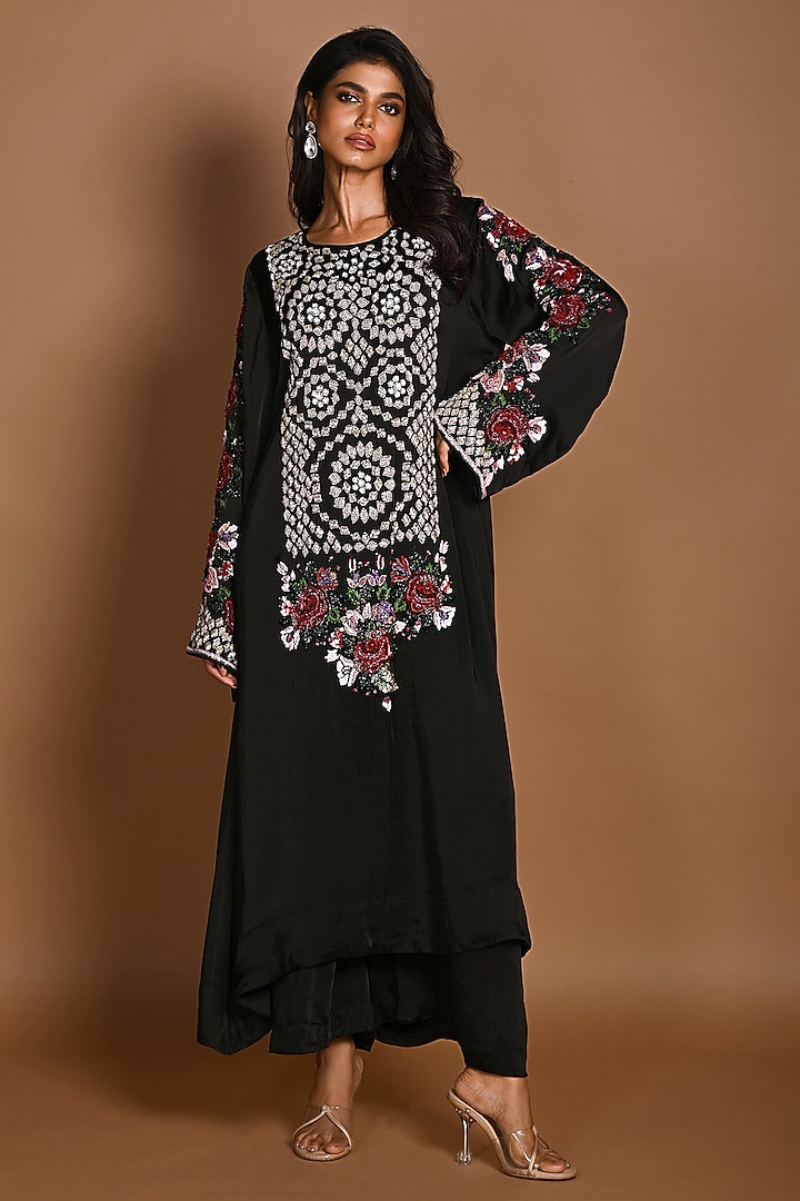 Black Satin Georgette Resham Hand Embroidered Kurta Set by Isadaa by Rotna Dutt at Pernia's Pop Up Shop