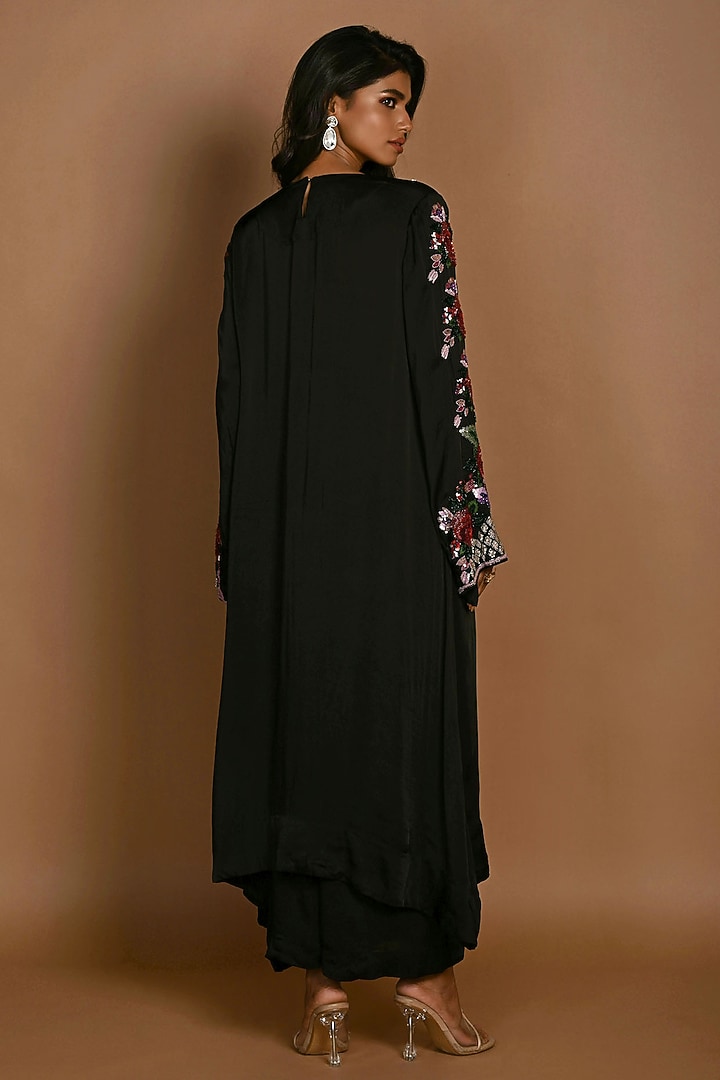 Black Satin Georgette Resham Hand Embroidered Kurta Set by Isadaa by Rotna Dutt at Pernia's Pop Up Shop