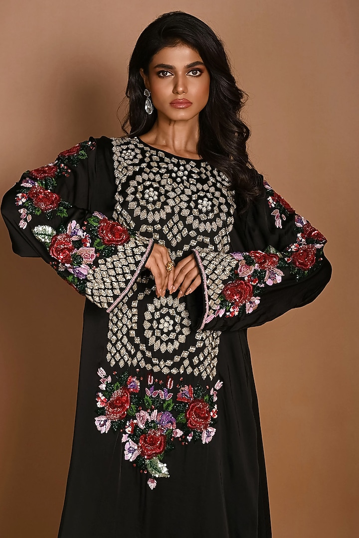 Black Satin Georgette Resham Hand Embroidered Kurta Set by Isadaa by Rotna Dutt at Pernia's Pop Up Shop