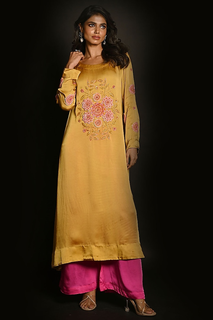 Yellow Satin Georgette Sequins Hand Embroidered Kurta Set by Isadaa by Rotna Dutt at Pernia's Pop Up Shop