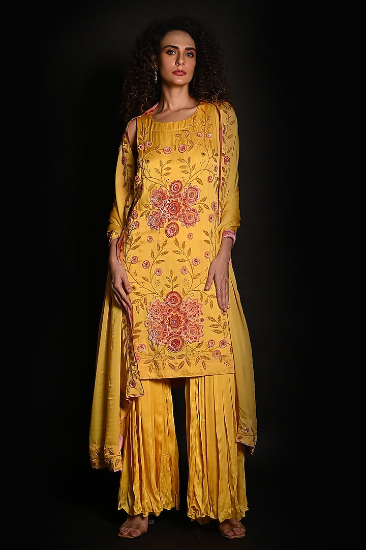 Yellow Satin Georgette Wedding Sharara Set by Isadaa by Rotna Dutt at Pernia's Pop Up Shop