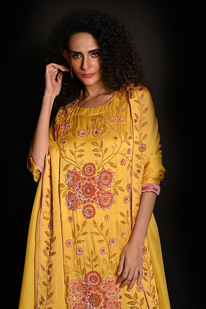 Yellow Satin Georgette Wedding Sharara Set by Isadaa by Rotna Dutt at Pernia's Pop Up Shop