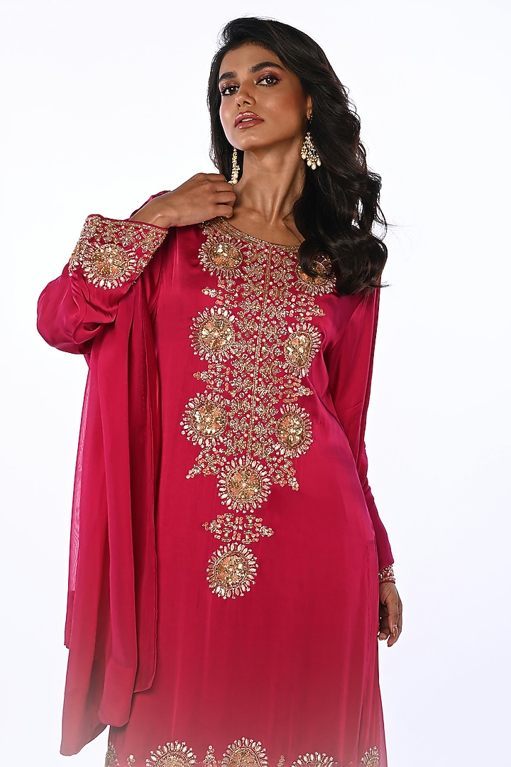 Pink Satin Georgette Gota Patti Embroidered Kurta Set by Isadaa by Rotna Dutt at Pernia's Pop Up Shop