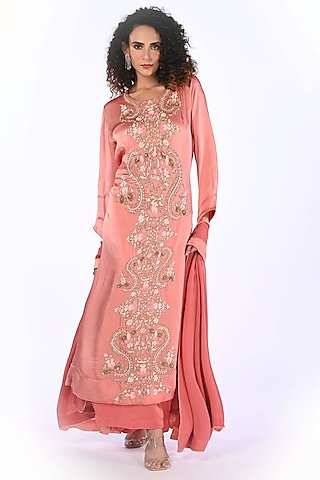 Peach Satin Georgette Pearl Hand Embroidered Kurta Set by Isadaa by Rotna Dutt