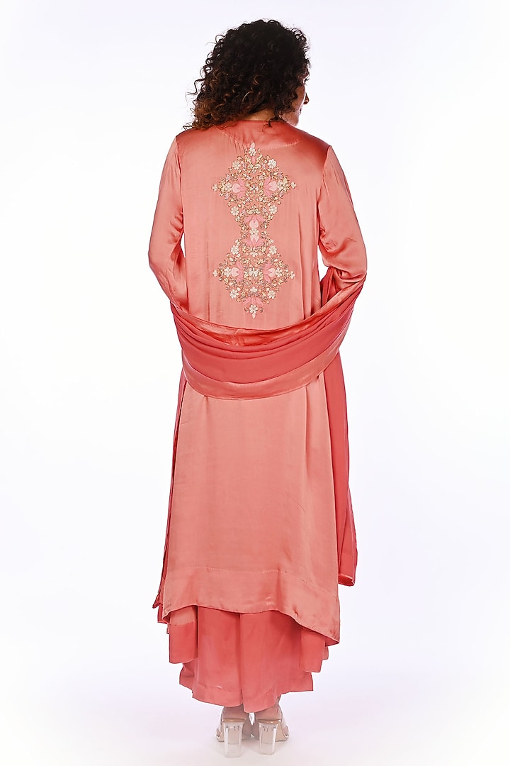 Peach Satin Georgette Pearl Hand Embroidered Kurta Set by Isadaa by Rotna Dutt at Pernia's Pop Up Shop