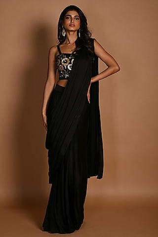 Black Satin Georgette Pre-Draped Saree Set by Isadaa by Rotna Dutt