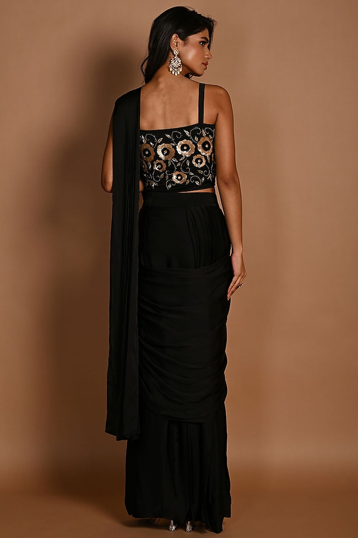 Black Satin Georgette Pre-Draped Wedding Saree Set by Isadaa by Rotna Dutt at Pernia's Pop Up Shop