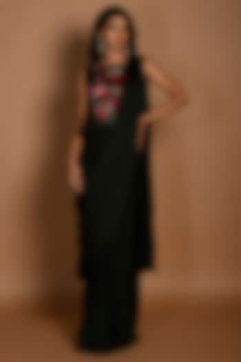 Black Satin Georgette Pre-Draped Wedding Saree Set by Isadaa by Rotna Dutt at Pernia's Pop Up Shop