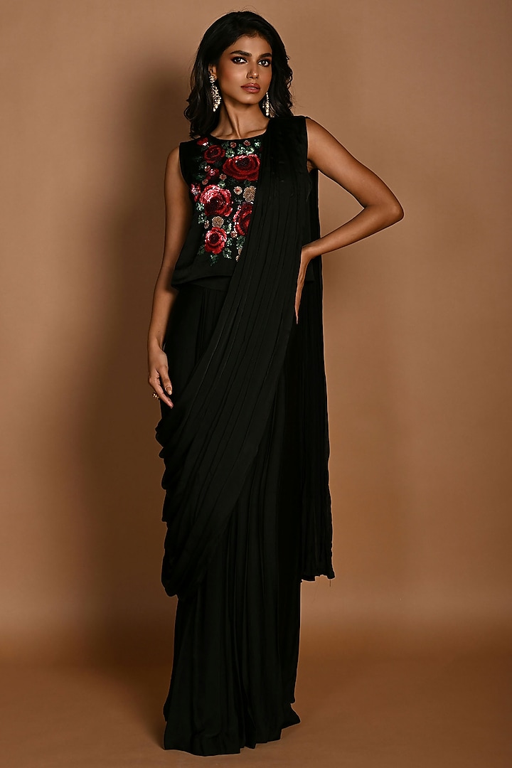 Black Satin Georgette Pre-Draped Wedding Saree Set by Isadaa by Rotna Dutt at Pernia's Pop Up Shop