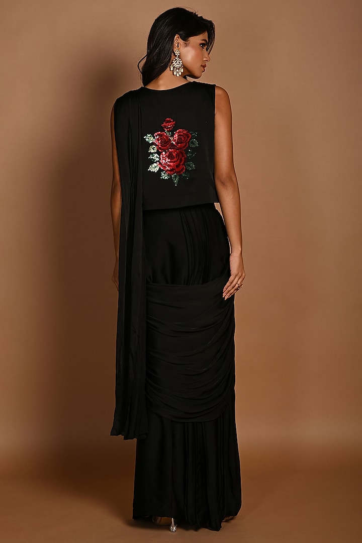 Black Satin Georgette Pre-Draped Wedding Saree Set by Isadaa by Rotna Dutt at Pernia's Pop Up Shop