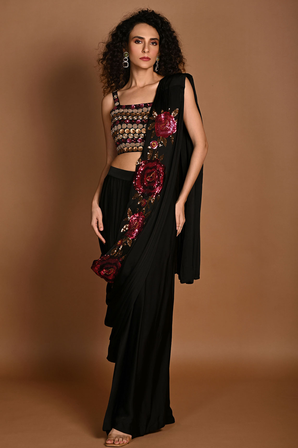 Black Satin Georgette Sequins Embroidered Pre-Draped Saree Set by Isadaa by Rotna Dutt at Pernia's Pop Up Shop