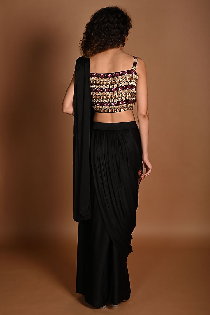 Black Satin Georgette Sequins Embroidered Pre-Draped Wedding Saree Set by Isadaa by Rotna Dutt at Pernia's Pop Up Shop