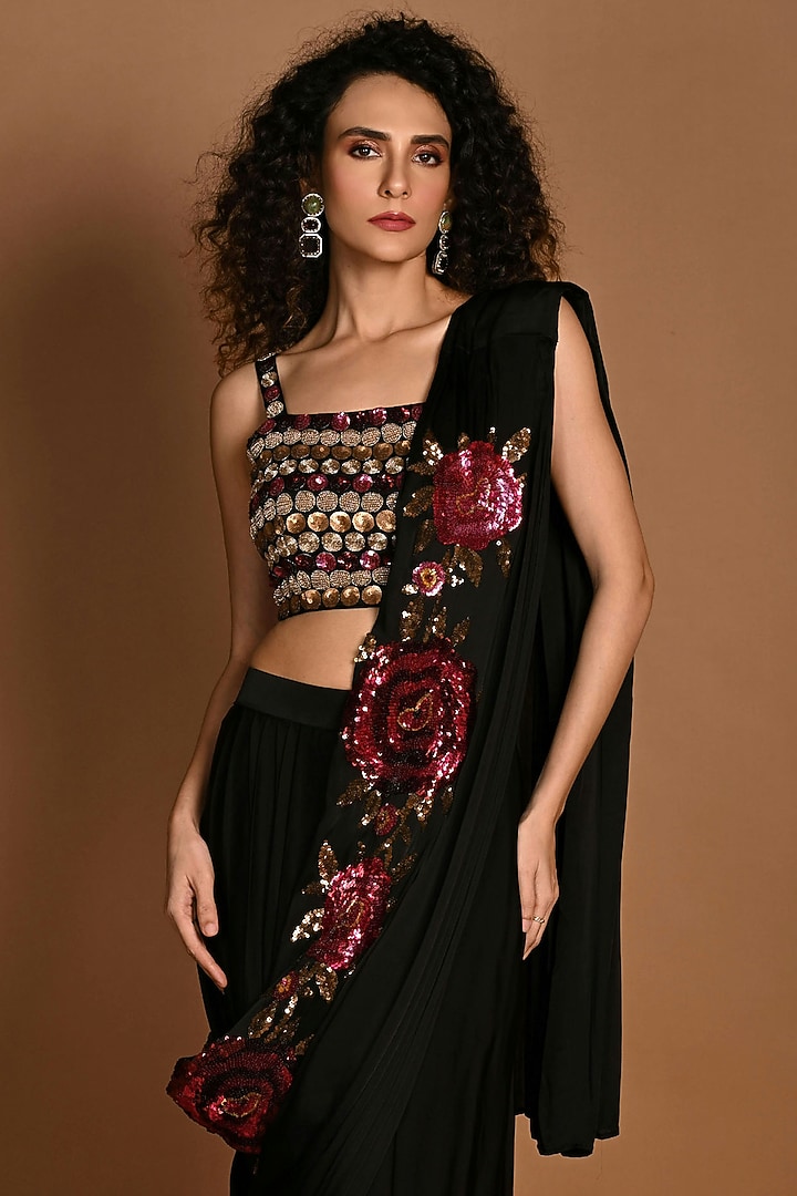 Black Satin Georgette Sequins Embroidered Pre-Draped Wedding Saree Set by Isadaa by Rotna Dutt at Pernia's Pop Up Shop