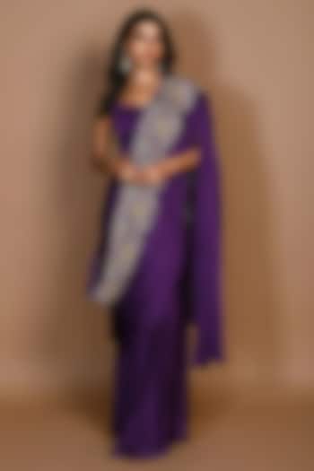 Purple Satin Georgette Sequins Hand Embroidered Pre-Draped Wedding Saree Set by Isadaa by Rotna Dutt at Pernia's Pop Up Shop