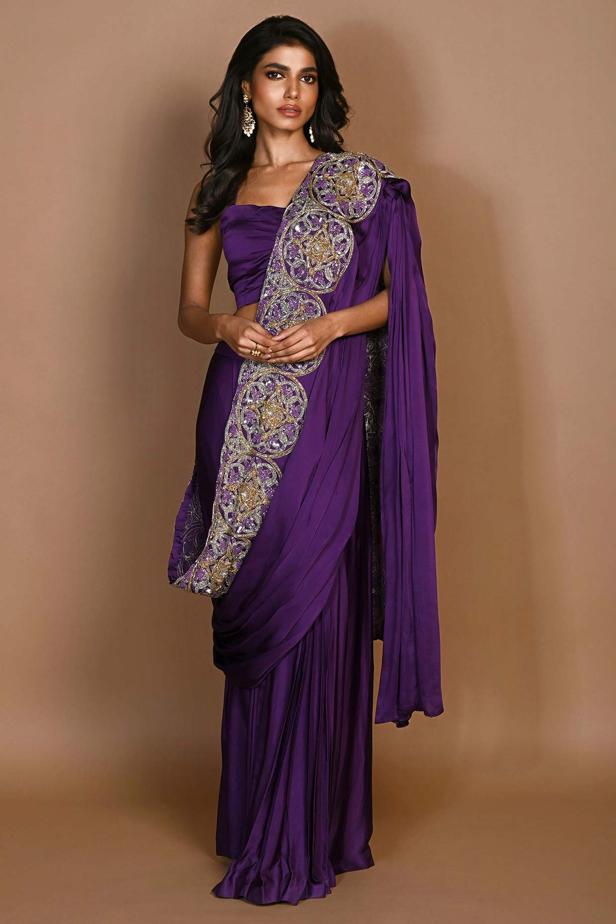 Purple Satin Georgette Sequins Hand Embroidered Pre-Draped Wedding Saree Set by Isadaa by Rotna Dutt at Pernia's Pop Up Shop