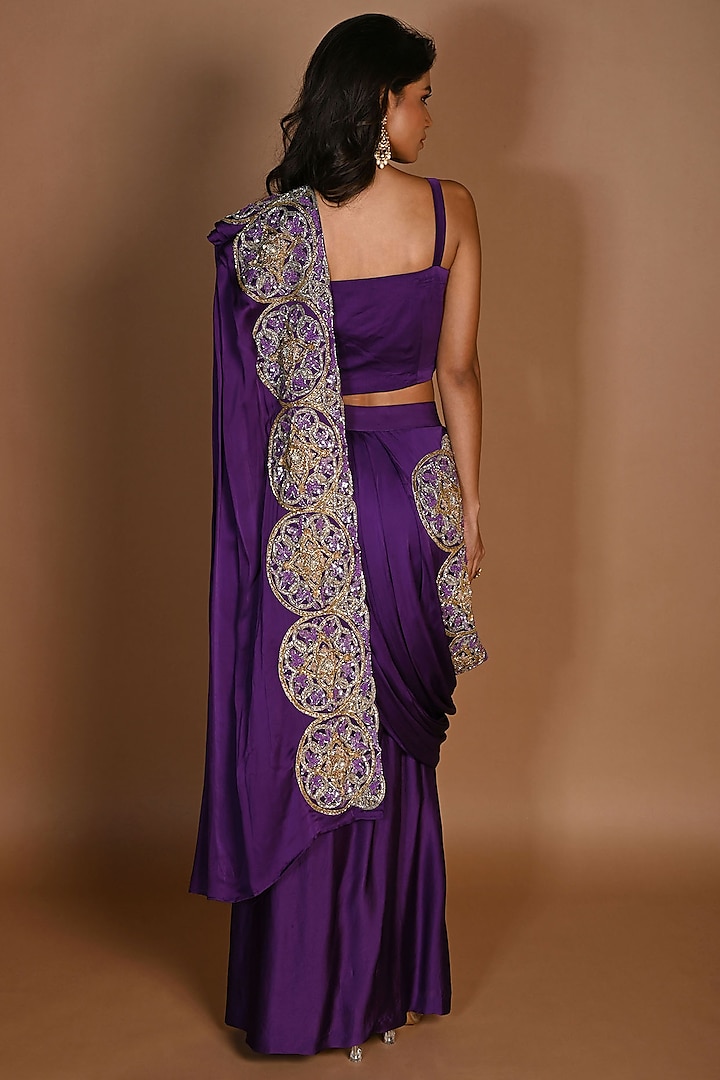 Purple Satin Georgette Sequins Hand Embroidered Pre-Draped Wedding Saree Set by Isadaa by Rotna Dutt at Pernia's Pop Up Shop