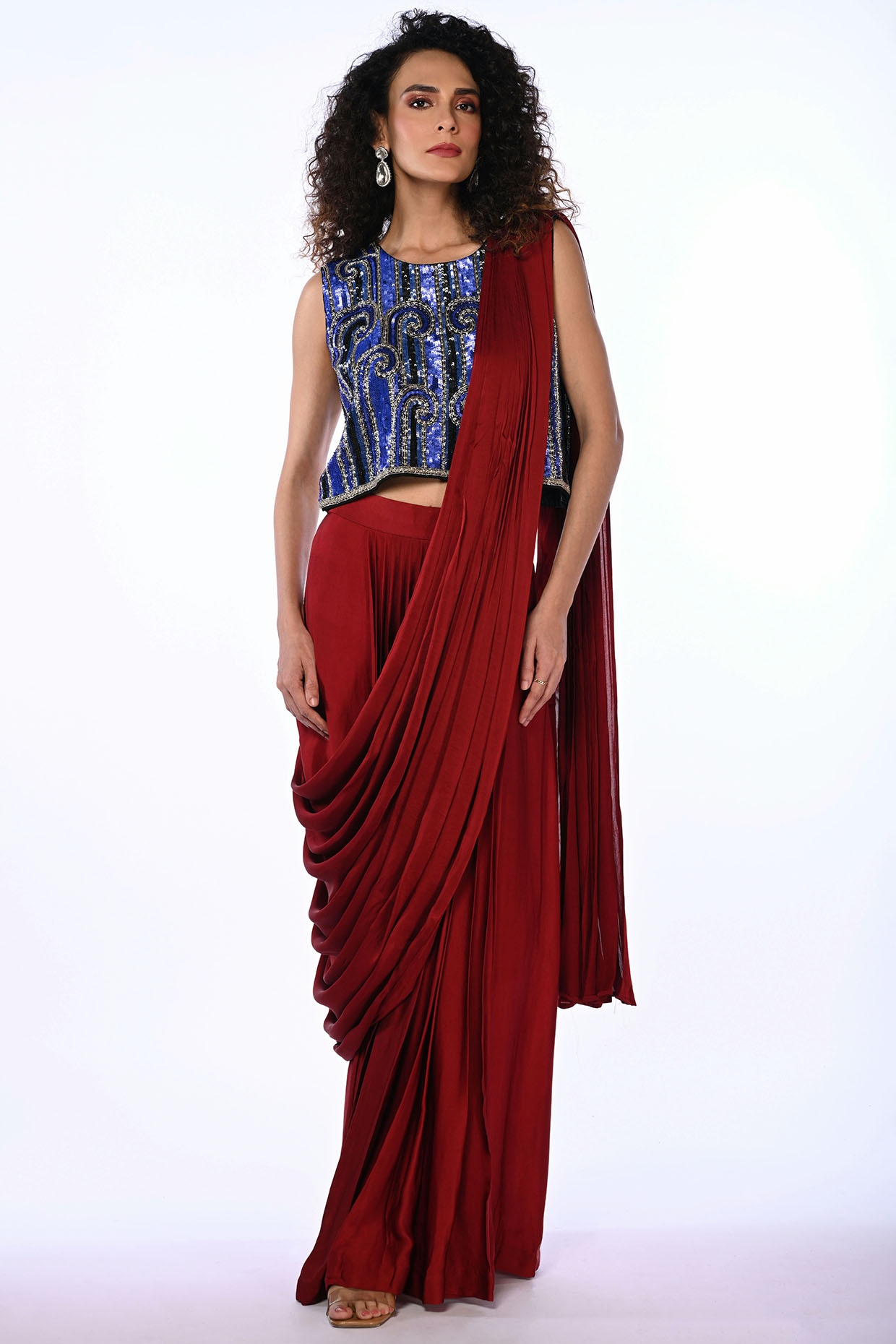 Red Satin Georgette Pre-Draped Saree Set by Isadaa by Rotna Dutt at ...