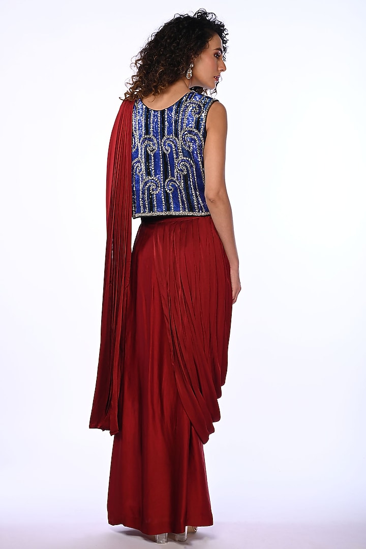 Red Satin Georgette Pre-Draped Wedding Saree Set by Isadaa by Rotna Dutt at Pernia's Pop Up Shop