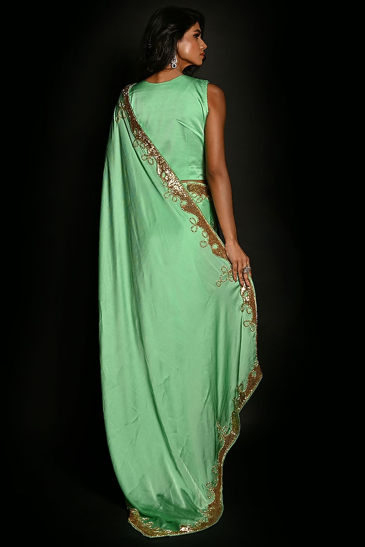 Green Satin Georgette Sequins Hand Embroidered Wedding Saree Set by Isadaa by Rotna Dutt at Pernia's Pop Up Shop