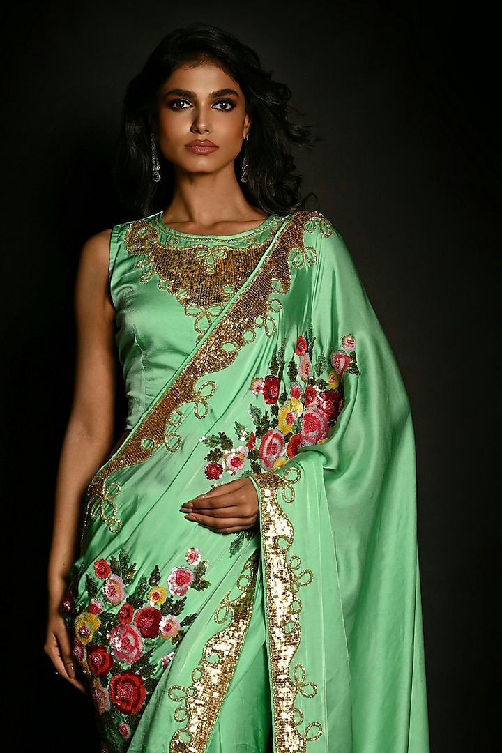 Green Satin Georgette Sequins Hand Embroidered Wedding Saree Set by Isadaa by Rotna Dutt at Pernia's Pop Up Shop