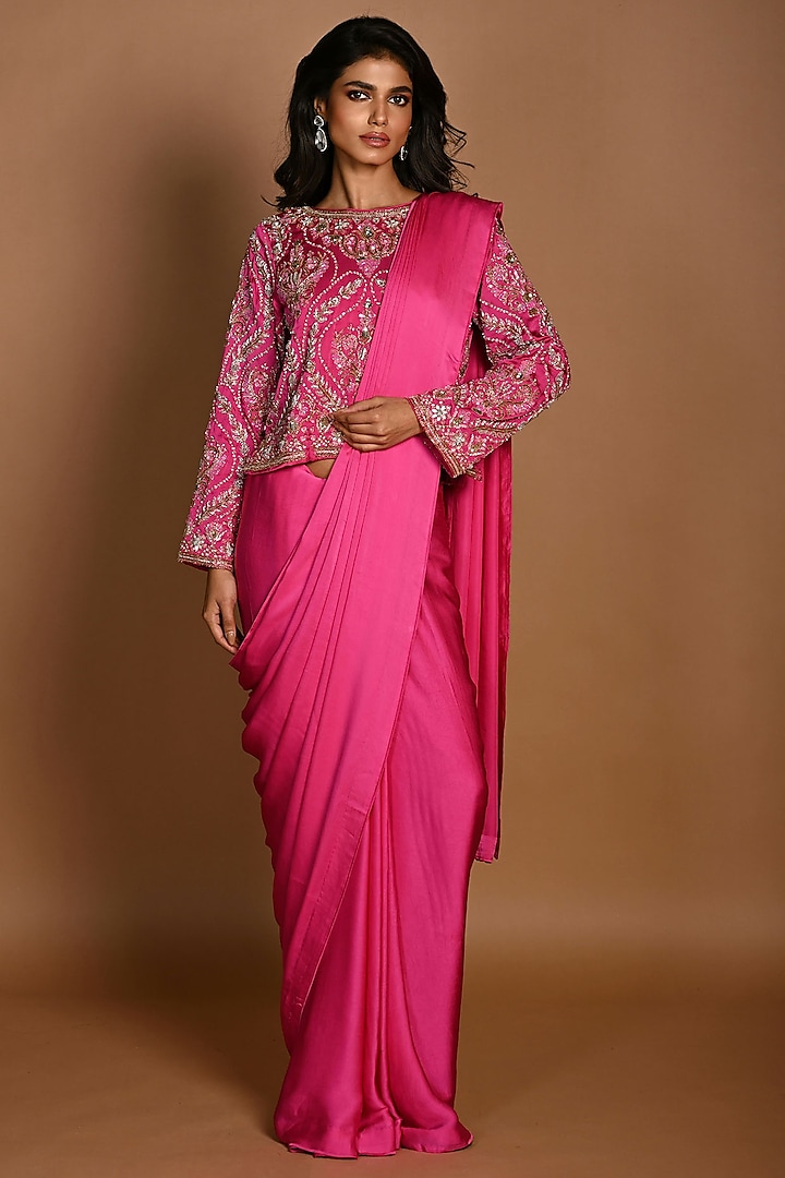 Pink Satin Georgette Saree Set by Isadaa by Rotna Dutt at Pernia's Pop Up Shop