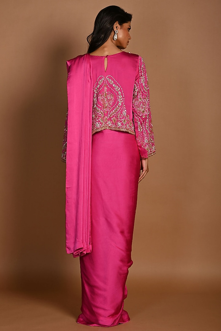 Pink Satin Georgette Wedding Saree Set by Isadaa by Rotna Dutt at Pernia's Pop Up Shop