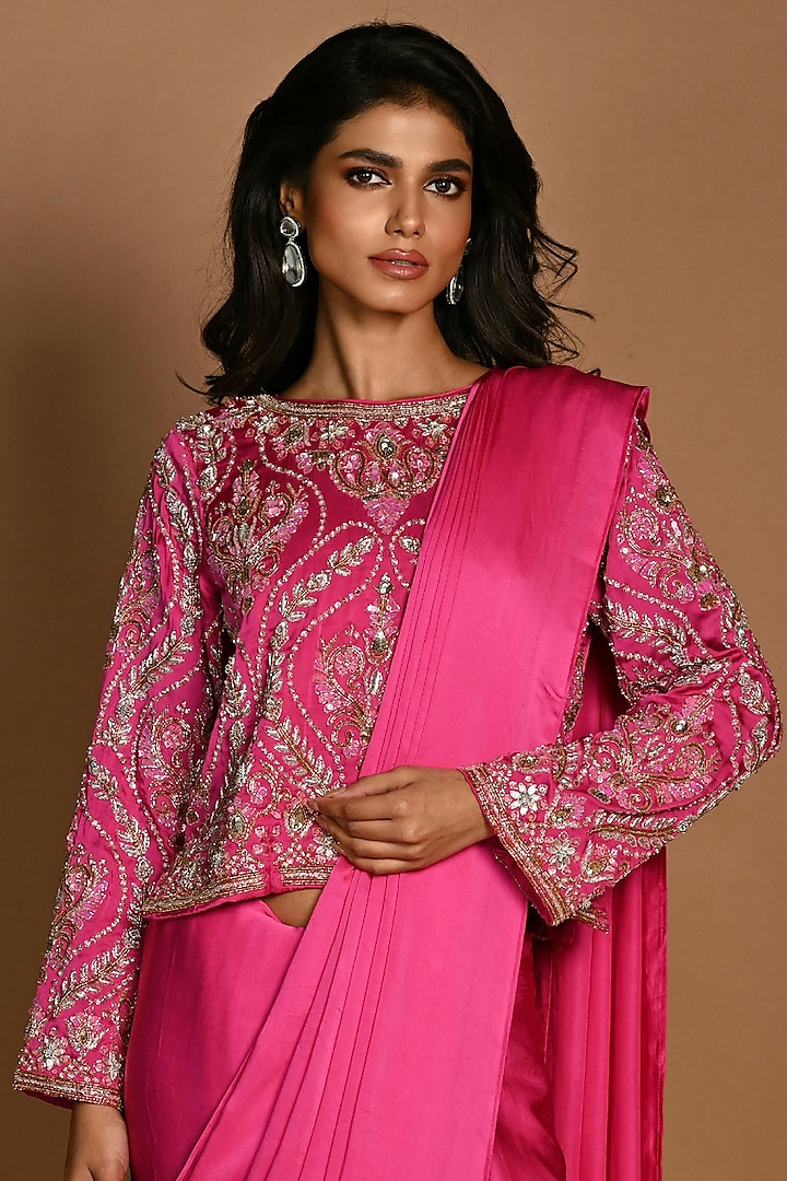 Pink Satin Georgette Wedding Saree Set by Isadaa by Rotna Dutt at Pernia's Pop Up Shop