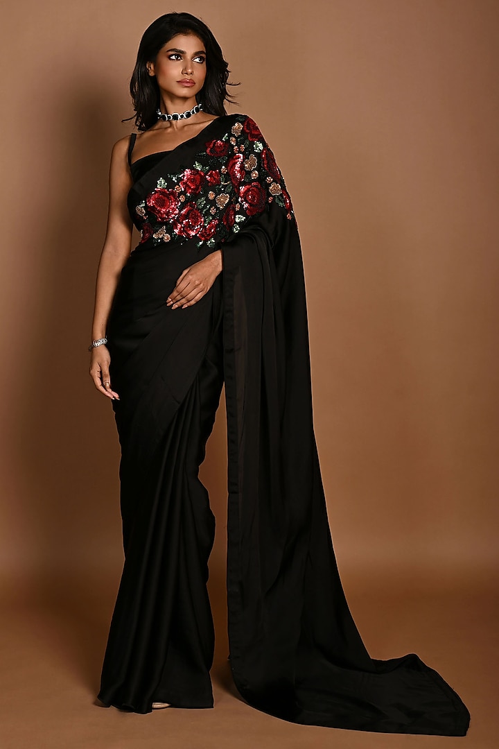 Black Satin Georgette Zardosi Hand Embroidered Saree Set by Isadaa by Rotna Dutt at Pernia's Pop Up Shop