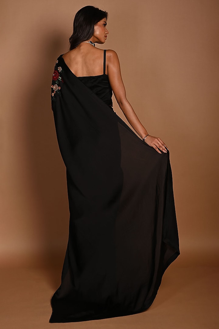 Black Satin Georgette Zardosi Hand Embroidered Wedding Saree Set by Isadaa by Rotna Dutt at Pernia's Pop Up Shop