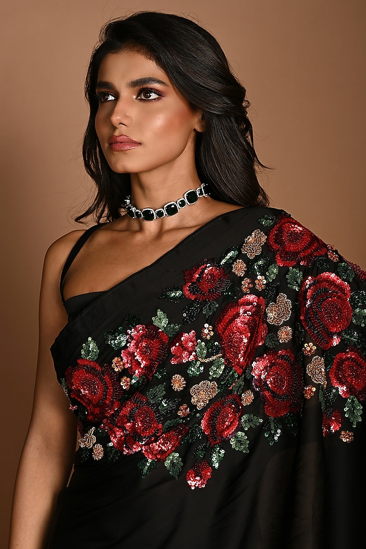 Black Satin Georgette Zardosi Hand Embroidered Wedding Saree Set by Isadaa by Rotna Dutt at Pernia's Pop Up Shop