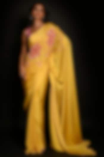 Yellow Satin Georgette Sequins Hand Embroidered Saree Set by Isadaa by Rotna Dutt at Pernia's Pop Up Shop