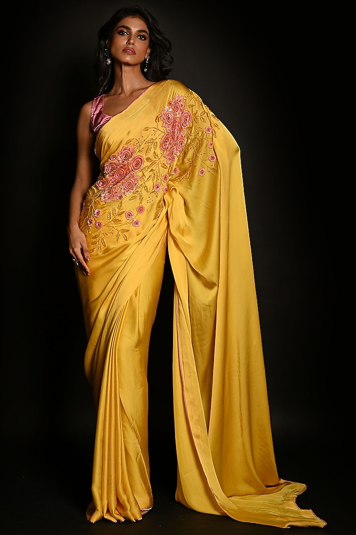 Yellow Satin Georgette Sequins Hand Embroidered Saree Set by Isadaa by Rotna Dutt at Pernia's Pop Up Shop