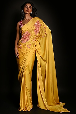 Yellow Satin Georgette Sequins Hand Embroidered Saree Set by Isadaa by Rotna Dutt