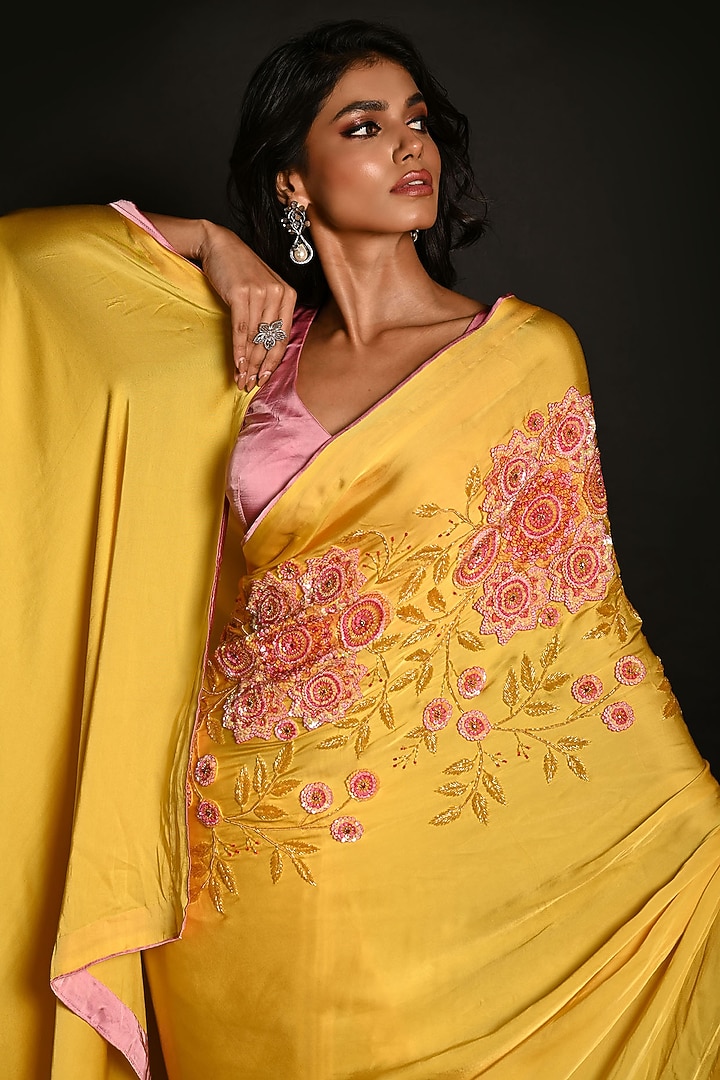 Yellow Satin Georgette Sequins Hand Embroidered Wedding Saree Set by Isadaa by Rotna Dutt at Pernia's Pop Up Shop