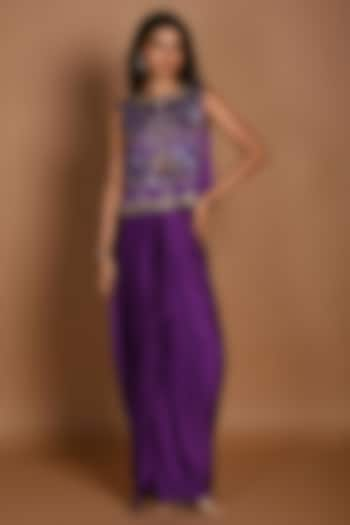 Purple Satin Georgette Draped Skirt Set by Isadaa by Rotna Dutt