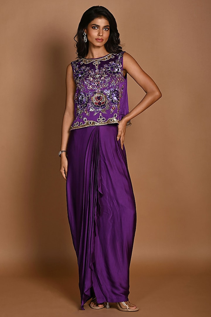 Purple Satin Georgette Draped Skirt Set by Isadaa by Rotna Dutt