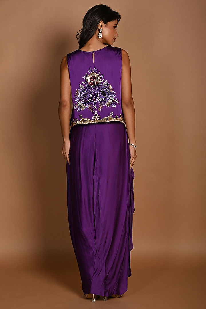 Purple Satin Georgette Draped Skirt Set by Isadaa by Rotna Dutt at Pernia's Pop Up Shop