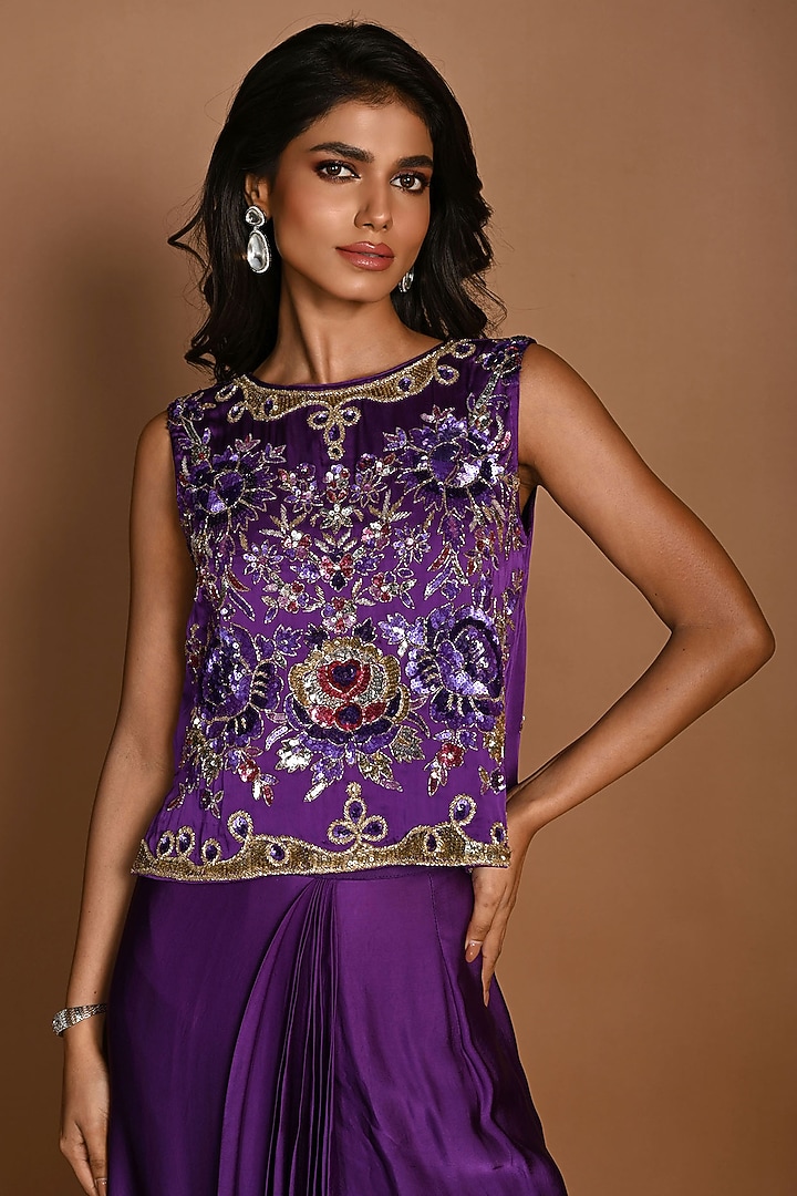 Purple Satin Georgette Draped Skirt Set by Isadaa by Rotna Dutt at Pernia's Pop Up Shop