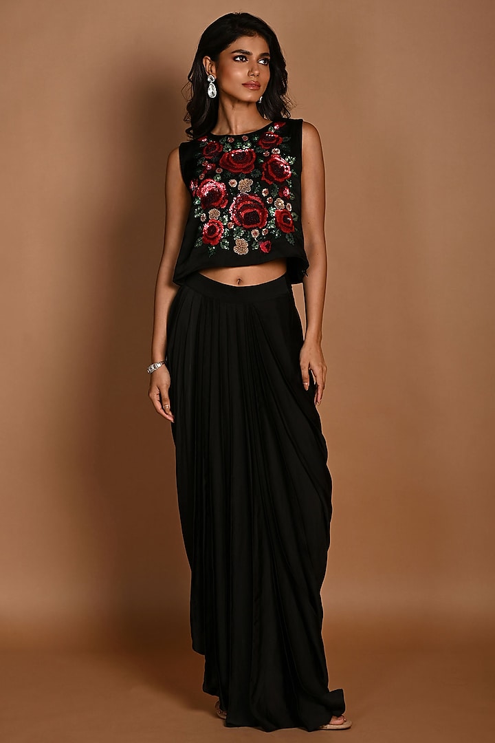 Black Satin Georgette Draped Skirt Set by Isadaa by Rotna Dutt at Pernia's Pop Up Shop