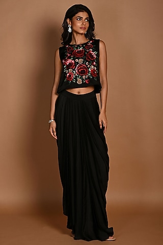 Black Satin Georgette Draped Skirt Set by Isadaa by Rotna Dutt