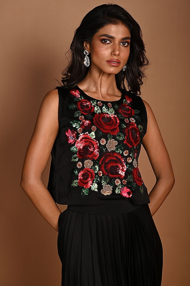 Black Satin Georgette Draped Skirt Set by Isadaa by Rotna Dutt at Pernia's Pop Up Shop