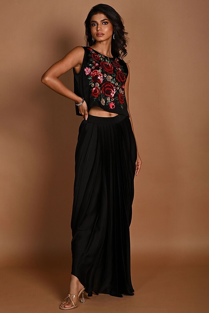 Black Satin Georgette Draped Skirt Set by Isadaa by Rotna Dutt at Pernia's Pop Up Shop