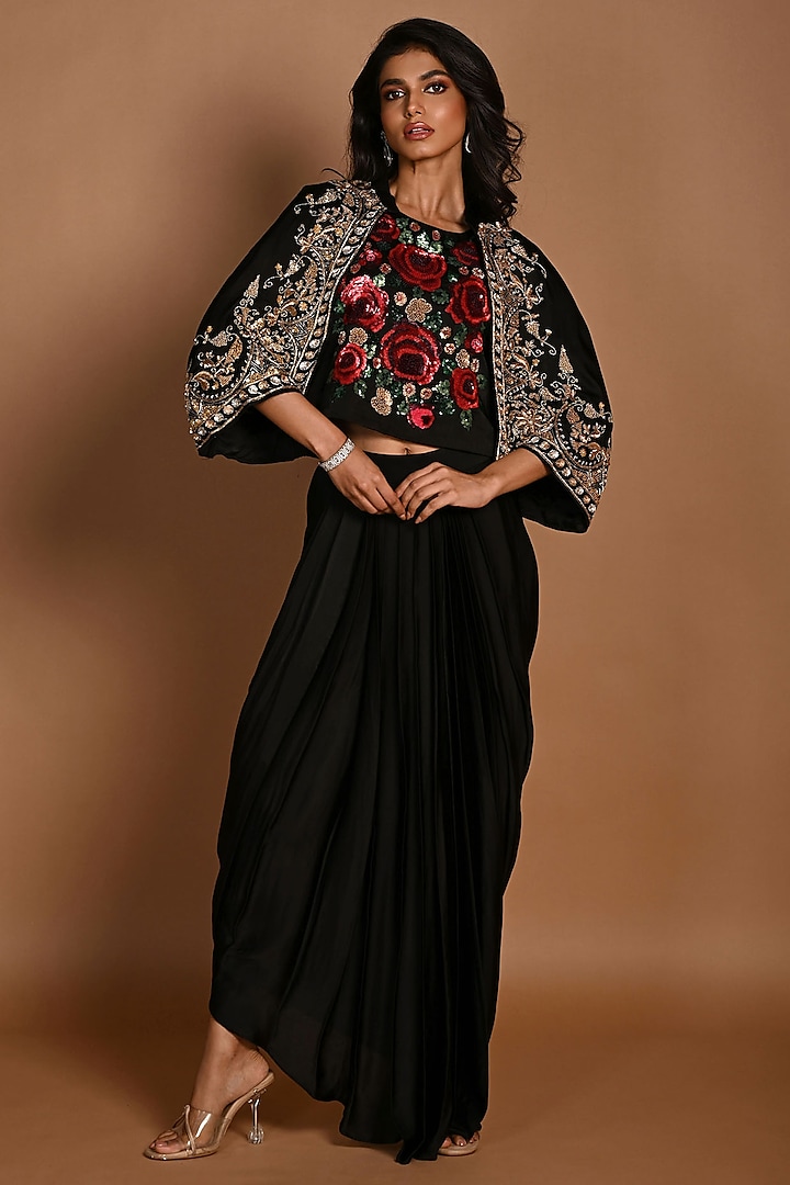 Black Satin Georgette Draped Skirt Set by Isadaa by Rotna Dutt