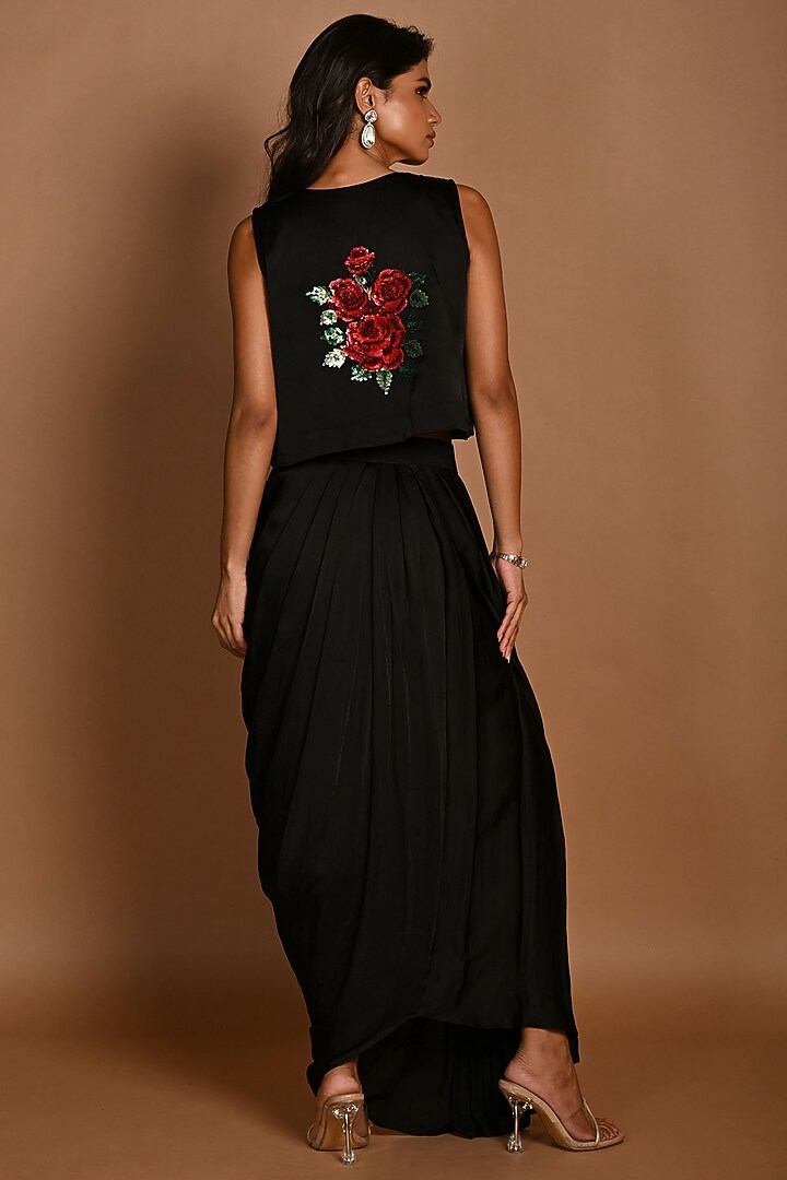 Black Satin Georgette Draped Skirt Set by Isadaa by Rotna Dutt at ...