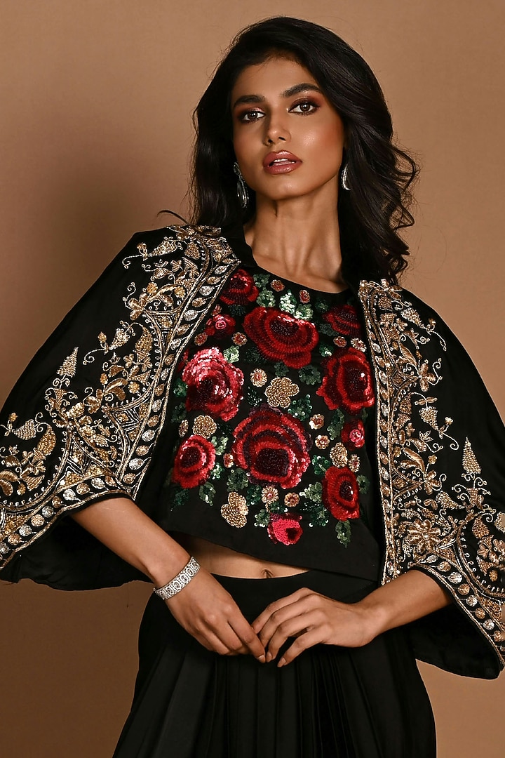 Black Satin Georgette Draped Skirt Set by Isadaa by Rotna Dutt at ...